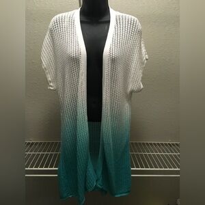 Jones New York White and Teal Open-Front Cardigan/Cover Up Large